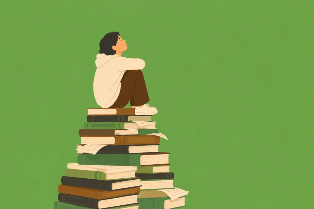 Adolescente sentado sobre una montaña de libros representando la presión académica y el agotamiento emocional