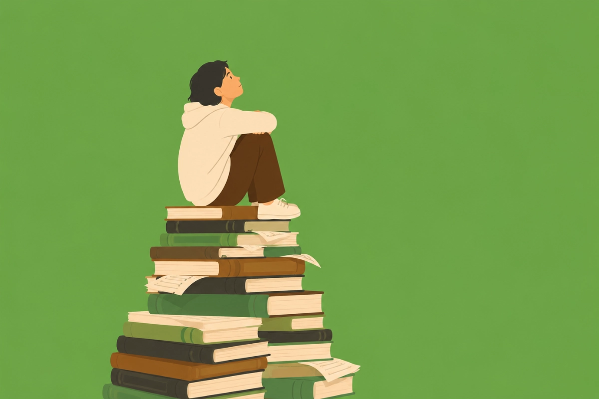 Adolescente sentado sobre una montaña de libros representando la presión académica y el agotamiento emocional