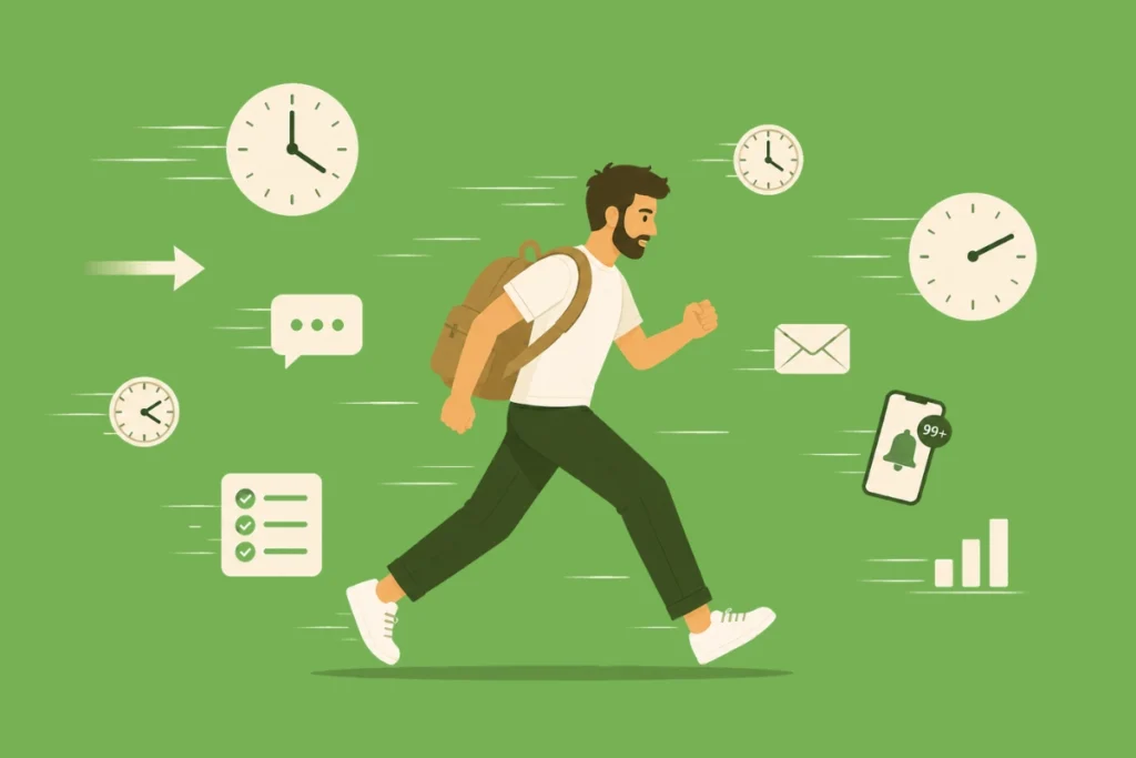 Hombre corriendo rodeado de relojes y notificaciones representando la autoexigencia y la presión constante por la productividad