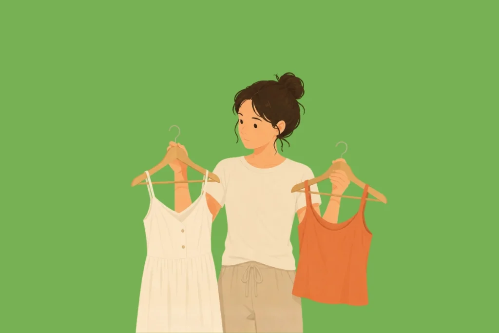 Mujer sujetando ropa de verano con expresión reflexiva representando la insatisfacción corporal y la presión estética